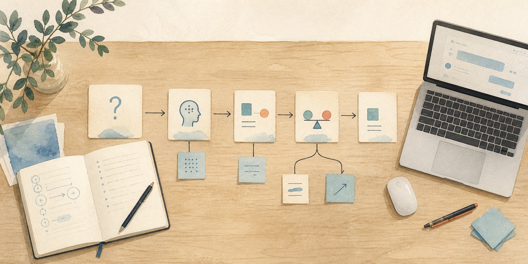 Geschilderde werktafel met een laptop, notities en kaarten voor een AI-workflow
